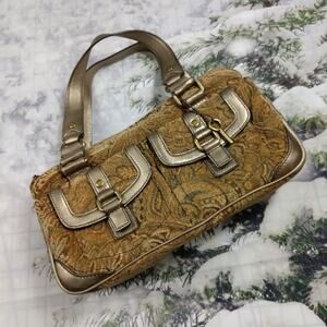 Fossil Tan Tapestry & Gold Leather Trim Satchel
